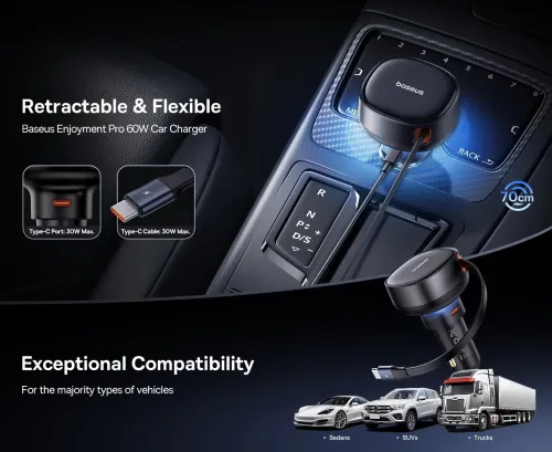 Chargeur de voiture avec câble rétractable USB-C et port USBC Baseus Enjoyment Pro 60W