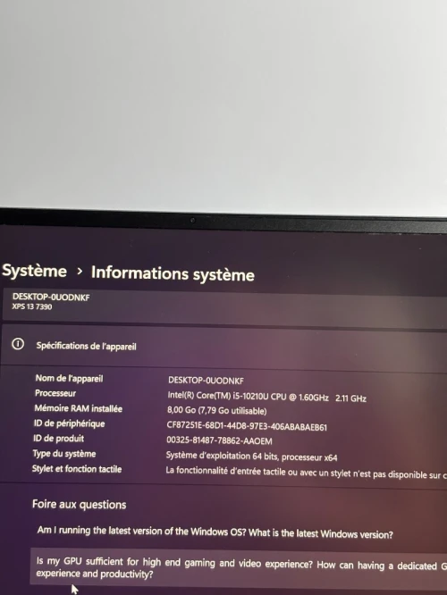 Dell XPS 13", i5 10eme generation, 8G RAM, 256G SSD