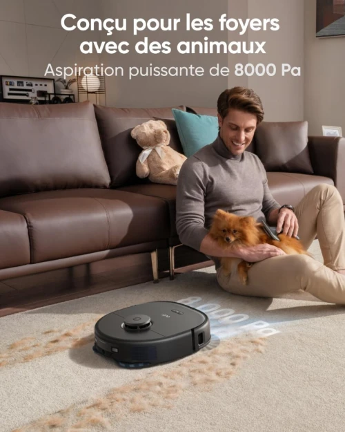 Eufy X10 Pro Omni Aspirateur Robot, 8 000 Pa, Lavage et Séchage Automatique des Patins, Système d'Autovidage, Autoremplissage,Relevage automatique des serpillières sur les tapis