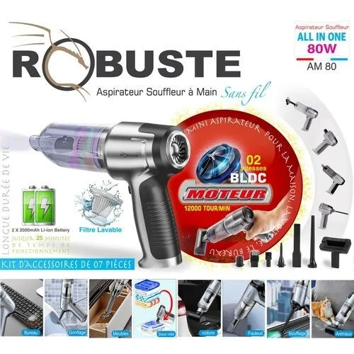 Robuste Aspirateur Souffleur à Main Rechargeable 80W avec deux batteries 2000mAh - AM80