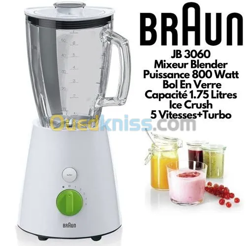 Blender en verre Braun JB3060 , 800 W, 1.75 liters, Blanc/NOIR خلاط زجاجي