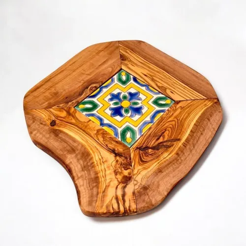 Dessous de verre/assiette en bois d'olivier et zellige.