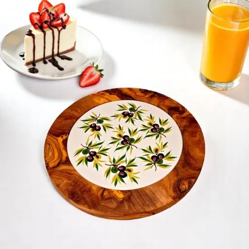 Dessous de verre/assiette en bois d'olivier et zellige.
