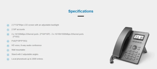 FLYINGVOICE - P10G - IP PHONE VoiP IPBX  2 Lignes SIP - 2xGE RJ45 ports PoE, sans alimentation