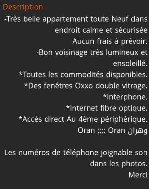 Vente Appartement F3 Oran Oran