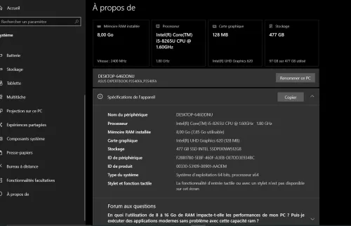 ASUS EXPERTBOOK I5 8TH GEN 15,7 POUCES 8/512GB