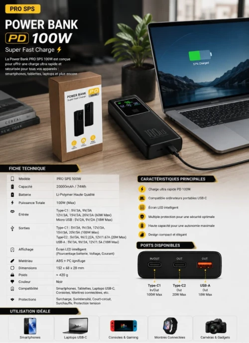 POWER BANK SUPER FAST 100W 20 000MAh AVEC AFFICHEUR TYPE-C