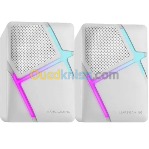MARSGAMING MS-HW White, Gaming Speakers RGB Flow, Inverted Drivers and 3D-Surround Sound 10W, Compact Speakers with Volume Control Box, Universal 3.5mm Jack Connection