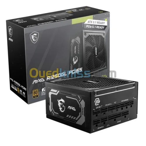MSI MAG 1250GL PCIE 5 Gaming Power Supply - ATX 3.1 PCIE 5.1 Ready - Full Modular - 80 Plus Gold Certified 1250W - Compact Size - ATX PSU