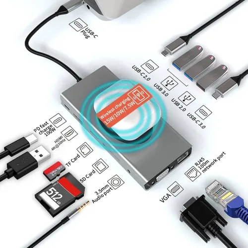 ADAPTATEUR TYPE-C TO HDMI+VGA+TYPE-C+2 USB 3.0+SD/TF+LAN+AUDIO+NFC 13IN1