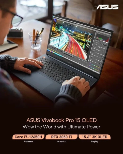  ASUS VIVOBOOK 15 PRO OLED 2023/I7-1265H 5GHZ/RAM 16GB DDR5/512GB SSD/RTX 3050/ECRAN 15.6 3K 120HZ