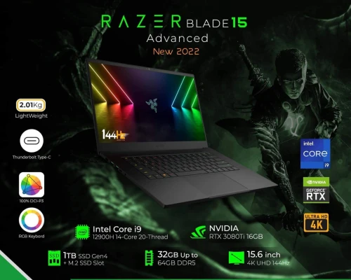 RAZER BLADE 17/INTEL I9-12900H/RAM 32GB/DISK 1TB SSD/ NIVIDIA RTX 3080T 16GB/17.3 POUCE 4K 144Hz 