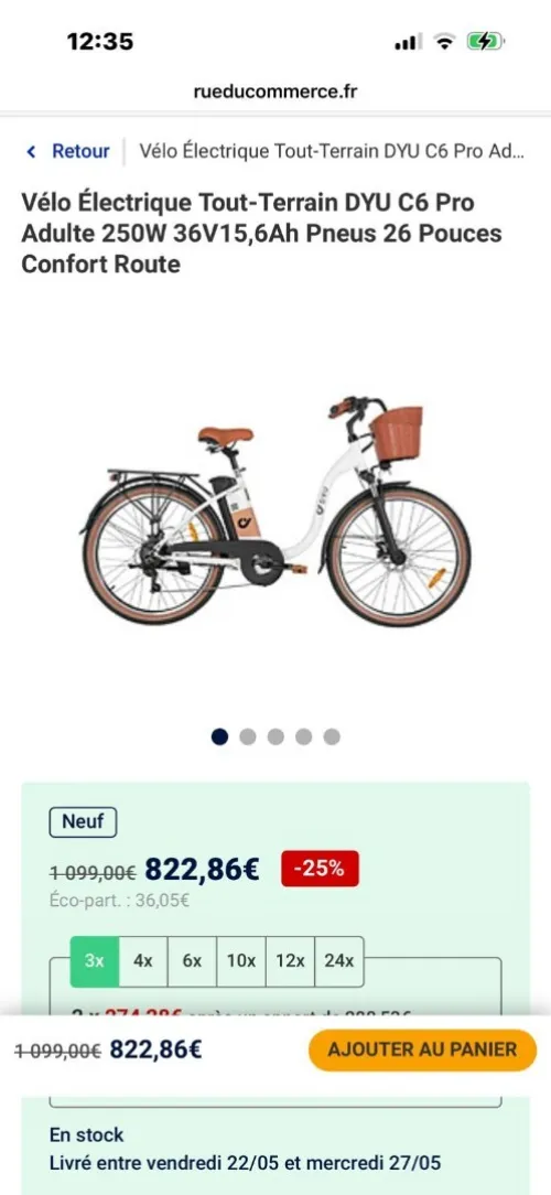 Vélo Électrique Tout-Terrain DYU C6 Pro Adulte 250W 36V15,6Ah Pneus 26 Pouces Confort Route