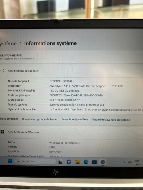 HP ELITEBOOK 845 G8 RYZEN 5 PRO 5650u 16G DDR4 256 SSD NVME 14 POUCES FHD