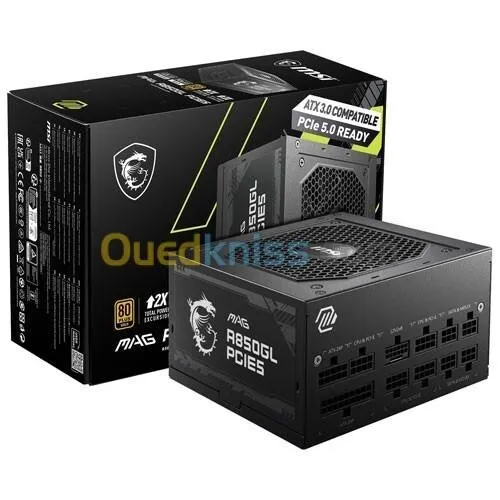 ALIMENTATION MSI MAG A850GL 850W - SUPPORT GPU PCIE 5 - 80 PLUS GOLD - MODULAIRE ATX 3.0 - FDB 120MM