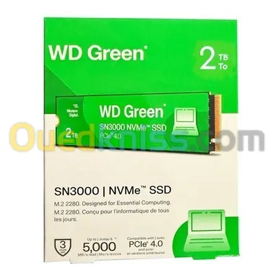 WD GREEN SN3000 2TB - DISQUE DUR SSD M.2 NVMe - PCIe 4.0 Gen4 - 5000 MO/S - NOIR - PC - LAPTOP