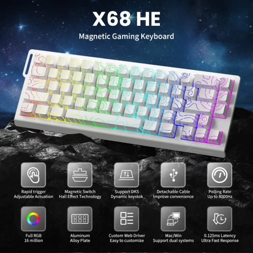 ATTACK SHARK X68 HE - CLAVIER GAMING 60% - MAGNETIC SWITCH - HALL EFFECT - RGB - USB - CONTOUR LINE - 8KHZ RAPID TRIGGER - 0.01MM - WHITE