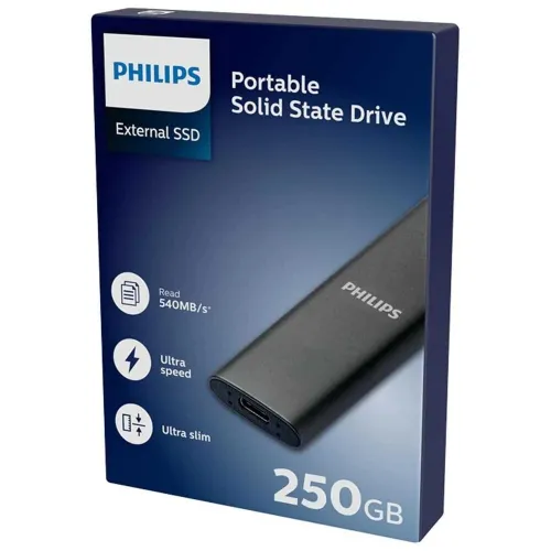 PHILIPS DISQUE DUR SSD EXTERNE 250GO - 540 MO/S - USB-A VERS USB-C - PC ET MAC - ALUMINIUM - GREY