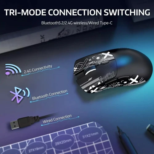 ATTACK SHARK R1 - SOURIS FILAIRE & SANS FIL - BLUETOOTH - 2.4G - 6 BOUTONS -18000 DPI - 1KHZ -BLACK