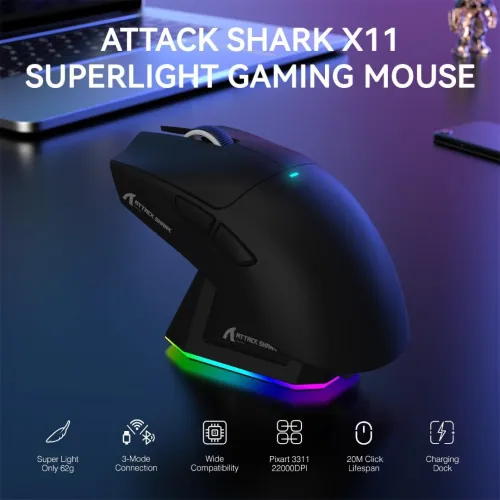ATTACK SHARK X11- SOURIS FILAIRE & SANS FIL - BLUETOOTH - 5 BOUTONS - 22000 DPI - 1KHZ - RGB - BLACK