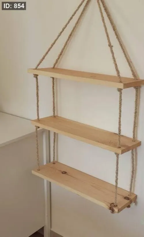 رف جداري خشبي بالحبال حسب الطلب. Étagère murale en corde de bois naturel sur mesure 