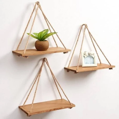 رف جداري خشبي بالحبال حسب الطلب. Étagère murale en corde de bois naturel sur mesure 