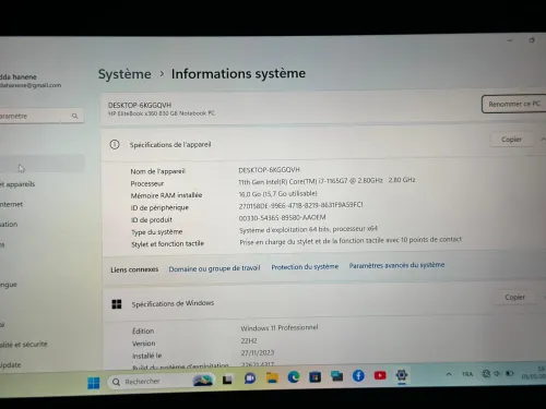 Hp élitebook x360 830g8 11eme génération i7 ram 16g ssd 512g