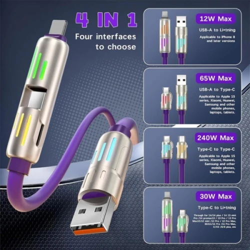 Câble de charge multifonction 4 en 1 USB C, A et Lightning 240W