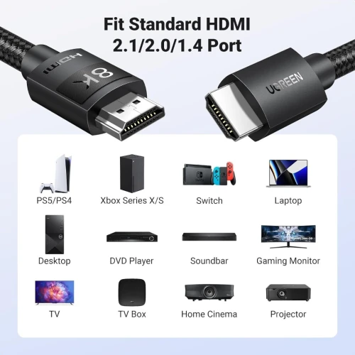 1 à 5 metres Câble HDMI 2.1 certifié UGREEN 8K à 60 Hz, ultra-rapide, 10K à 60 Hz, 4K à 240 Hz, cordon tressé