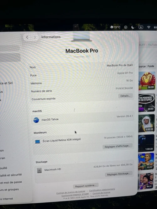 Macbook m1 pro 2021 16 GB 500 stockage