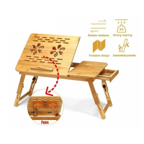 table Laptop Ordinateur Portable et mac book on Bois Bambou Pliable avec Ventilateur capsys BM60 