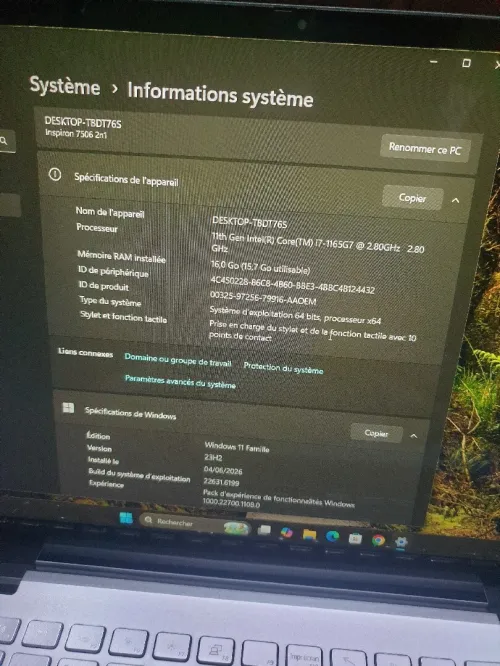 Dell inspiron 7506 2 in 1 i7 11ème génération 16g la ram 500g ssd nvme écran tactile Clavier lumineux