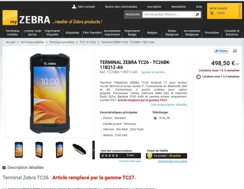 Tc26 bk Téléphone ZEBRA TC26 Android 11 avec lecteur 1D/2D SE4100﻿ et écran tactile 5". Connectivité en Bluetooth﻿, Wifi et 4G. Connecteurs 2 points arrières pour option poignée. ﻿﻿﻿Processeur 1,8Ghz, mémoire RAM 3Go et mémoire Flash 32Go. Batterie 3100 mAh et caméra arrière