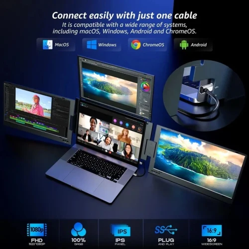 Extension d'Écran Portable Triple Écran 15.6 " Full HD Compatible Windows & MacOS