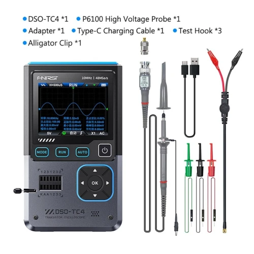 FNIRSI DSO-TC4 3-EN-1 Oscilloscope numérique 10MHz 48MSa/s Testeur de transistors Générateur de signaux