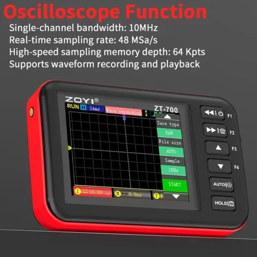 Oscilloscope portable 4-en-1 ZOYI ZT-700, bande passante 10 MHz, avec fonction d'émulateur de programmeur et enregistreur de formes d'onde
