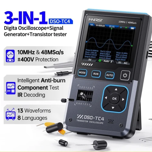 FNIRSI DSO-TC4 3-EN-1 Oscilloscope numérique 10MHz 48MSa/s Testeur de transistors Générateur de signaux