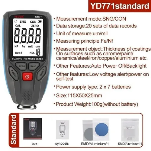 YUEDA YD771 Outil de mesure et de test de revêtement automobile FE NFE Jauge d'épaisseur de peinture numérique pour voiture