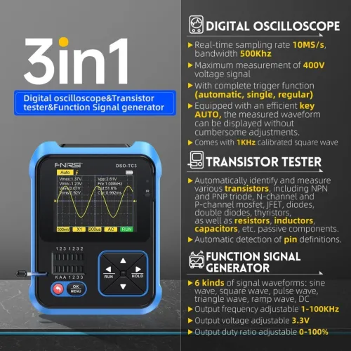 FNIRSI DSO-TC3 3-en-1 Oscilloscope Numérique Portable 500KHz 10MS/s Générateur de Signaux Testeur de Transistors