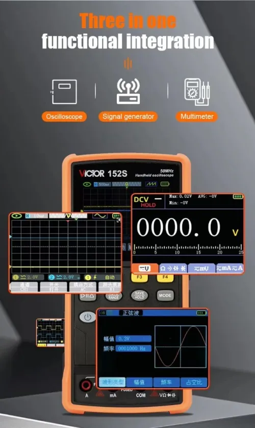 VICTOR  multimètre d'oscilloscope numérique 3 en 1, générateur DDS, Oscilloscope portatif à bande passante 6000Cts 50MHz, taux d'échantillonnage
