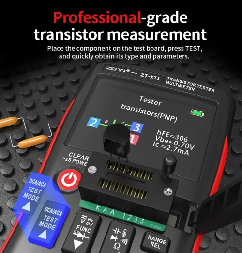 ZOYI XT1 Kit testeur de transistor 2en1 Testeur de cristaux Multimètre True RMS Ecran IPS  Résistances Condensateurs Diodes MOSFETs Zener Capteurs de température Test des semi-conducteurs