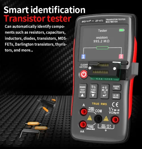 ZOYI XT1 Kit testeur de transistor 2en1 Testeur de cristaux Multimètre True RMS Ecran IPS  Résistances Condensateurs Diodes MOSFETs Zener Capteurs de température Test des semi-conducteurs