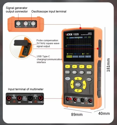 VICTOR  multimètre d'oscilloscope numérique 3 en 1, générateur DDS, Oscilloscope portatif à bande passante 6000Cts 50MHz, taux d'échantillonnage