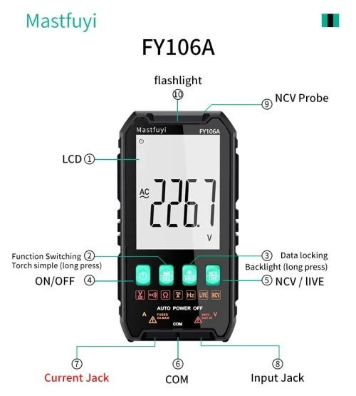 MASTFUYI-Mini multimètre numérique intelligent, testeur d'électricien, tension DC et AC, puzzles itance Ohm Hz NCV, multiPolaroid professionnel