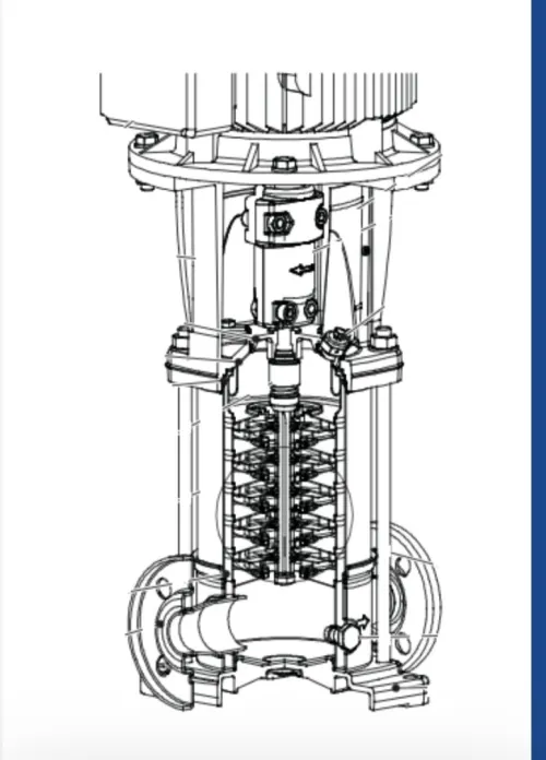 Pompe multicellulaire verticale triphasée avec un moteur de 1,5 kW et des brides ovales en AISI 304.