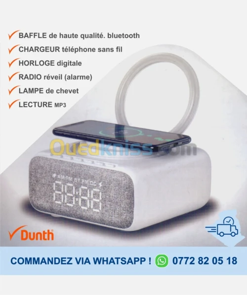 Enceinte bluetooth/RADIO/REVEIL/chargeur téléphone sans fil/ampli BAFFLE/HORLOGE/LAMPE /DUNTH