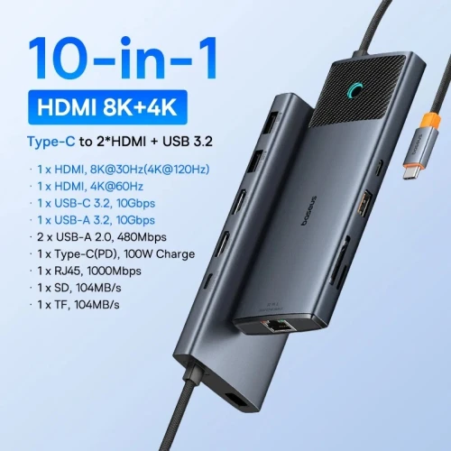 Baseus Station d'accueil 10en1 HDMI 2.1 4K/120Hz, Gigabit Ethernet et 100W PD