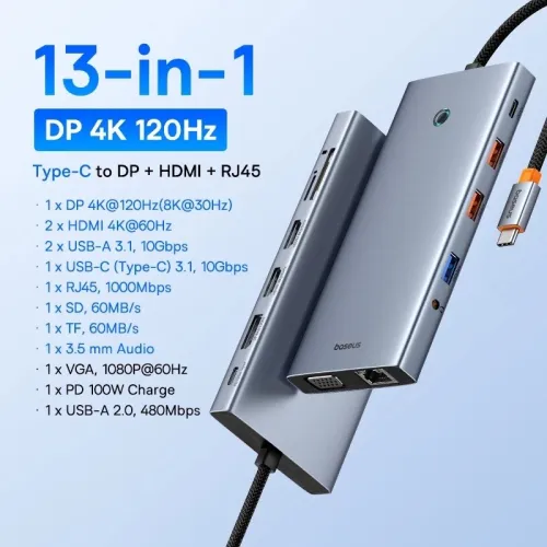 Station d'accueil USB C Hub Baseus 13-in-1 dual HDMI , DisplayPort 4K/120Hz, VGA