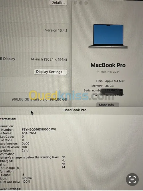 MacBook m4 max 36Gb 1Tera 14 pouce cycle 10 