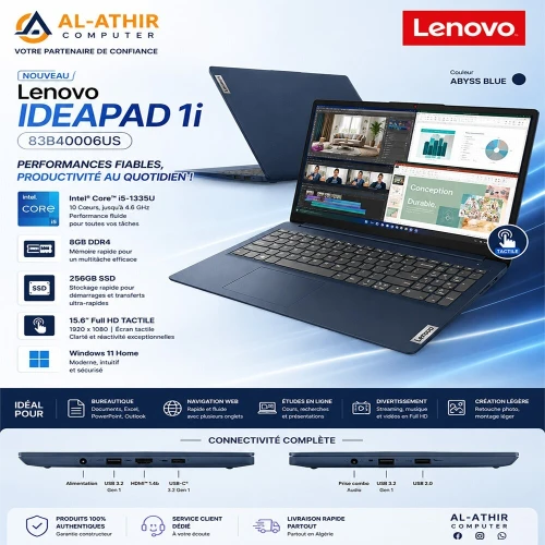 Ideapad 1 15IRU7|Ecran tactile FHD 15,6"|CPU Intel Core i5-1335U|8 Go de RAM|SSD 256 Go.